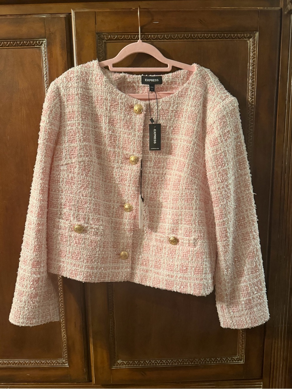 NWT Express Pink Bouclé Tweed Jacket with Gold Buttons